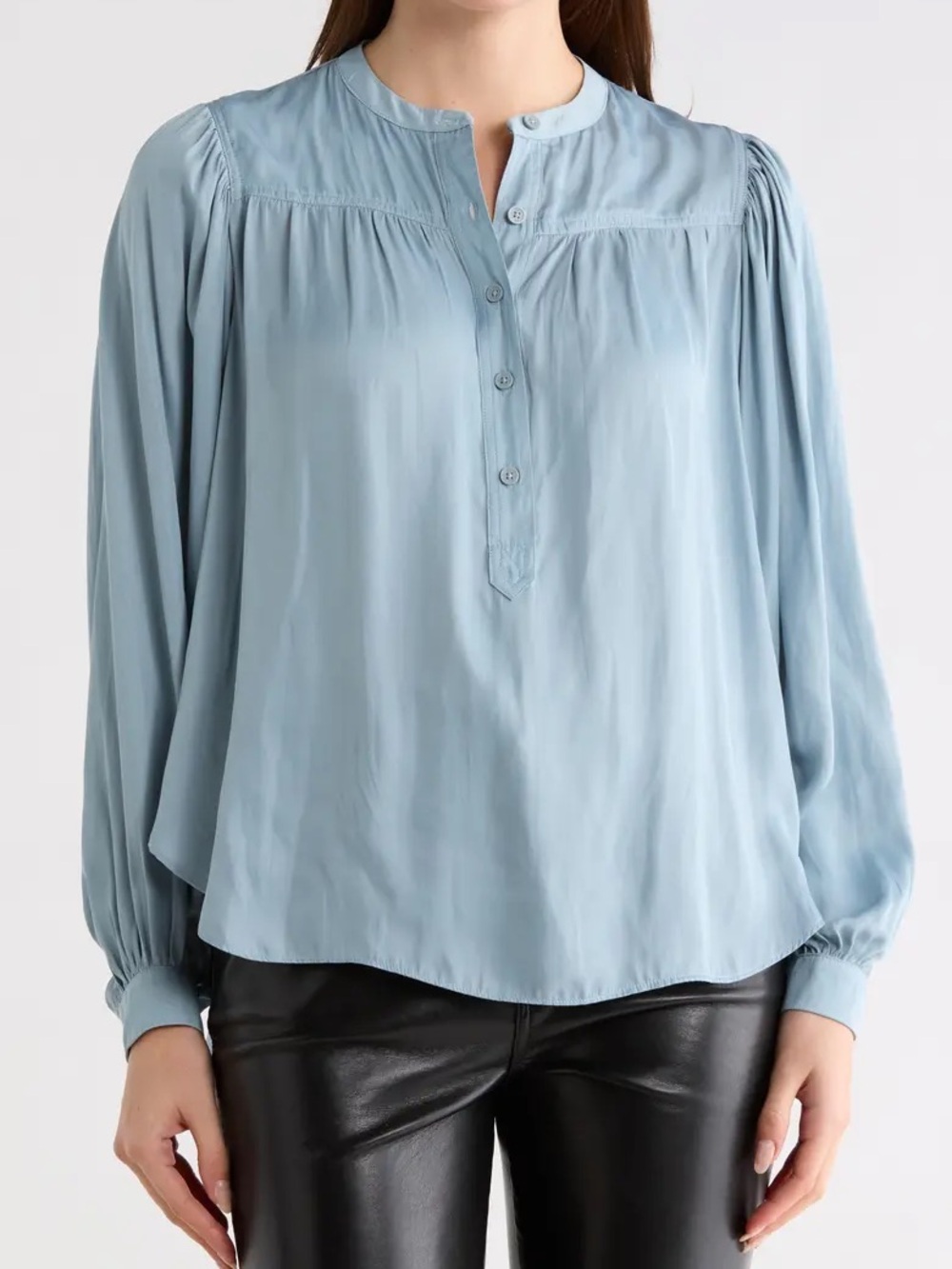 Elie Tahari Pale Blue Gathered-Yoke Henley Blouse